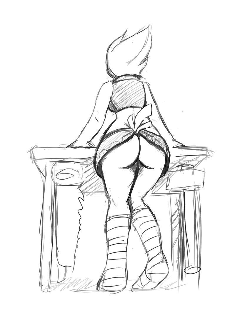 absurd_res alien anthro avian avian_(starbound) breasts butt clothed clothing female gordonfreeguy halter_top hammer hi_res midriff monochrome rear_view saw shirt sketch skimpy skirt solo standing starbound tank_top tools video_games workbench