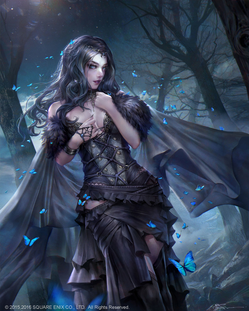 armband bare_shoulders black_dress black_hair blue_eyes breasts bug butterfly cleavage cloak copyright_name corset dated dress forest fur gem hand_on_own_chest highres insect jeremy_chong jewelry long_hair looking_at_viewer medium_breasts mobius_final_fantasy nature necklace night outdoors purple_lips solo square_enix tiara tree watermark