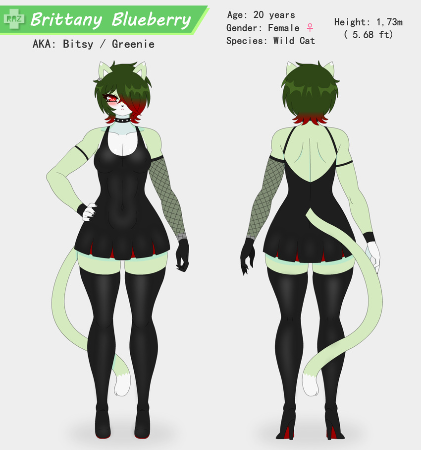 anthro breasts cat choker clothing dress feline female fur green_fur hair mammal model_sheet razplus red_eyes solo