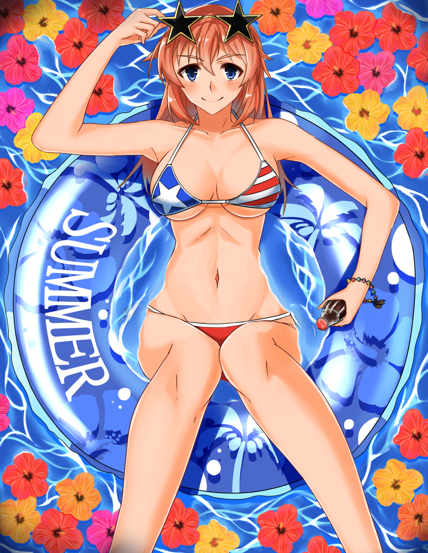 american_flag_bikini bikini blue_eyes blue_innertube blush breasts brown_hair charlotte_e_yeager flag_print flower groin highres hiroshi_(hunter-of-kct) innertube large_breasts looking_at_viewer navel smile solo strike_witches sunglasses swimsuit swimwear world_witches_series