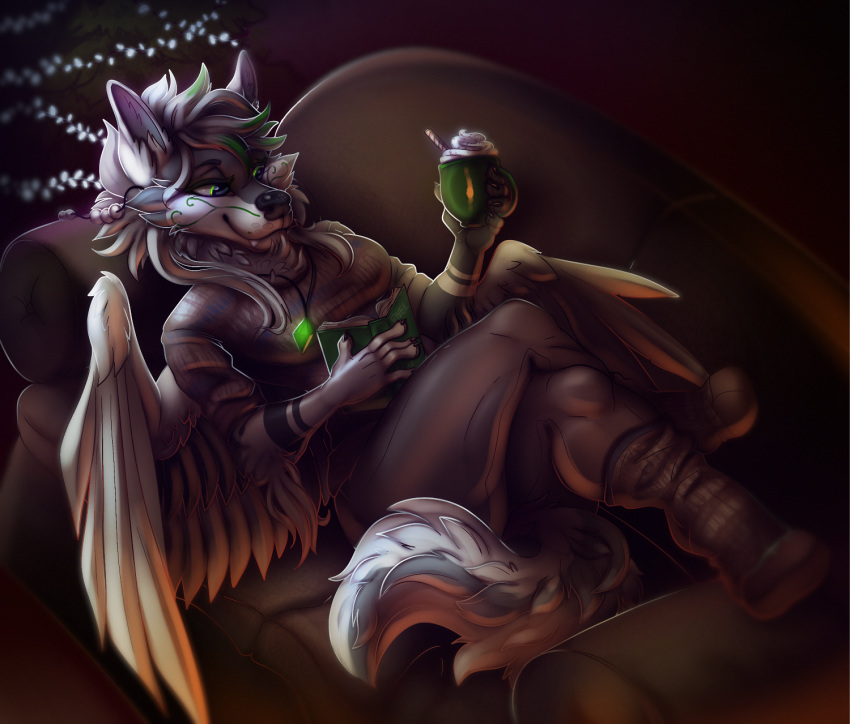 5_fingers anthro black_nose book canine clothed clothing detailed_background digital_media_(artwork) feathered_wings feathers female fivel green_eyes hybrid mammal reading smile solo wings wolf