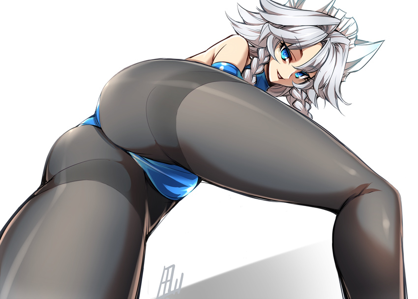 ass bare_shoulders black_legwear blue_eyes blue_leotard braid commentary_request foreshortening from_below izayoi_sakuya leotard looking_at_viewer looking_down maid_headdress pantyhose parted_lips silver_hair smile solo tajima_yuuki thighband_pantyhose thighs touhou twin_braids