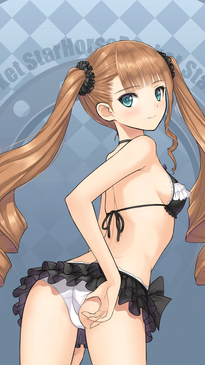 :d absurdres adjusting_clothes adjusting_swimsuit aqua_eyes arched_back argyle argyle_background arm_behind_back armpits ass back bangs bare_arms bare_legs bare_shoulders bikini bikini_skirt black_bikini black_bow black_scrunchie blue_background blunt_bangs blush bow bow_bikini breasts brown_hair closed_mouth commentary_request copyright_name cowboy_shot drill_hair eyebrows_visible_through_hair frilled_bikini frills from_behind from_side gradient gradient_background hair_ornament hair_scrunchie halter_top halterneck hand_on_own_thigh highres kitakata_kurumi lace lace-trimmed_bikini leaning_forward legs_apart light_smile long_hair looking_at_viewer looking_back medium_breasts official_art open_mouth scrunchie sideboob simple_background small_breasts smile solo standing starhorse_pocket swimsuit tanaka_takayuki twin_drills twintails very_long_hair white_bikini