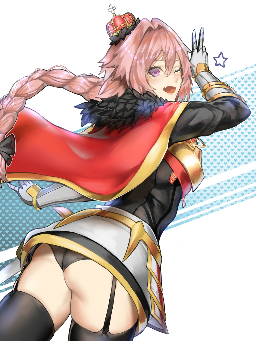 ass astolfo_(fate) braid capelet crown fang fate/apocrypha fate/grand_order fate_(series) from_below fur_trim garter_straps gauntlets highres kumiko_shiba looking_back male_focus miniskirt one_eye_closed otoko_no_ko panties single_braid skindentation skirt thighhighs underwear