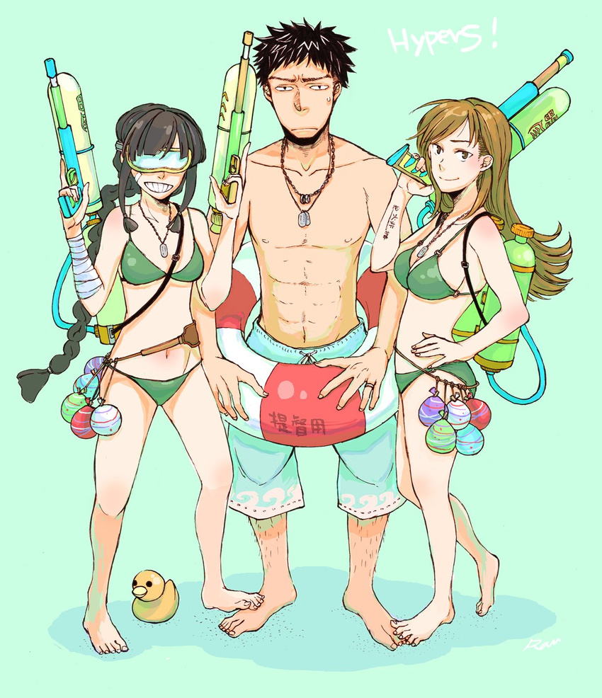 2girls admiral_(kantai_collection) alternate_costume bandaged_arm bandages bandaid bandaid_on_face bangs bare_shoulders barefoot bikini black_hair blush braid breasts brown_eyes brown_hair cleavage closed_mouth collarbone commentary_request dog_tags glasses goggles green_background green_bikini green_swimsuit grin hair_tie hand_on_hip highres innertube jewelry kantai_collection kitakami_(kantai_collection) long_hair looking_at_viewer medium_breasts multiple_girls navel necklace ooi_(kantai_collection) opaque_glasses open_mouth shadow shorts sidelocks simple_background single_braid smile stepping sweatdrop swimsuit teeth water_balloon water_gun yamada_rei_(rou)