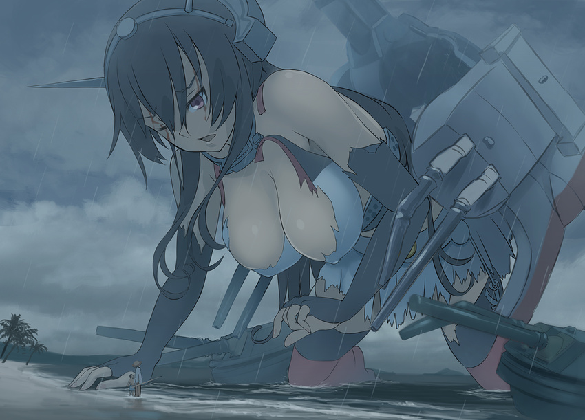 2boys black_hair blood blood_on_face breasts commentary_request damaged elbow_gloves fingerless_gloves giantess gloves hanging_breasts headgear injury kantai_collection kuro_oolong large_breasts long_hair machinery multiple_boys nagato_(kantai_collection) ocean one_eye_closed open_mouth pacific_rim pleated_skirt rain red_eyes skirt torn_clothes torn_skirt turret white_skirt