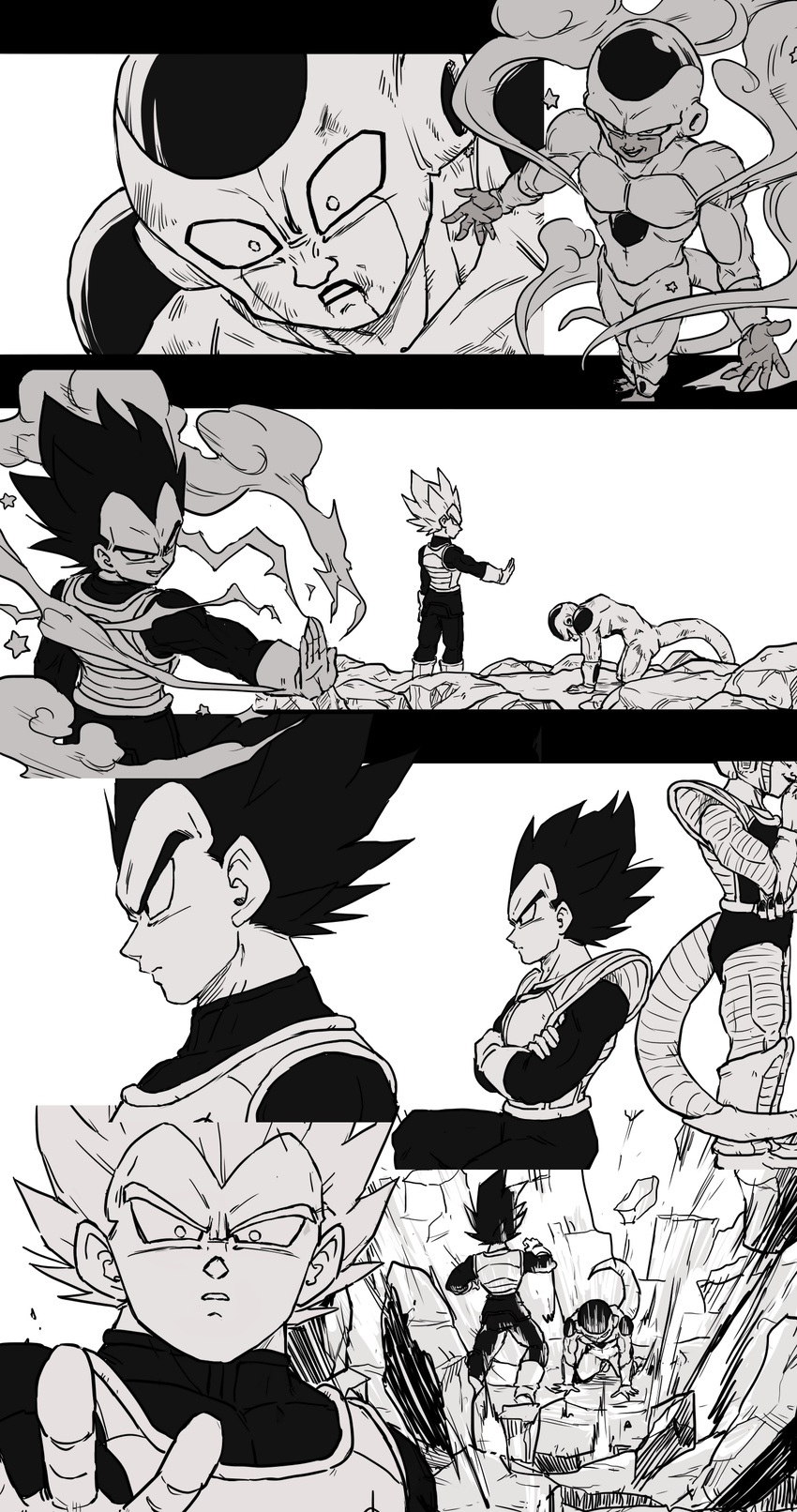 absurdres armor back-seamed_legwear black_eyes comic crossed_arms dragon_ball dragon_ball_z dragon_ball_z_fukkatsu_no_f frieza frown gloves golden_frieza greyscale highres looking_at_another looking_at_viewer looking_away looking_back monochrome multiple_boys open_mouth outstretched_arms outstretched_hand seamed_legwear serious simple_background smile spiked_hair star super_saiyan super_saiyan_blue surprised tail tkgsize vegeta white_background