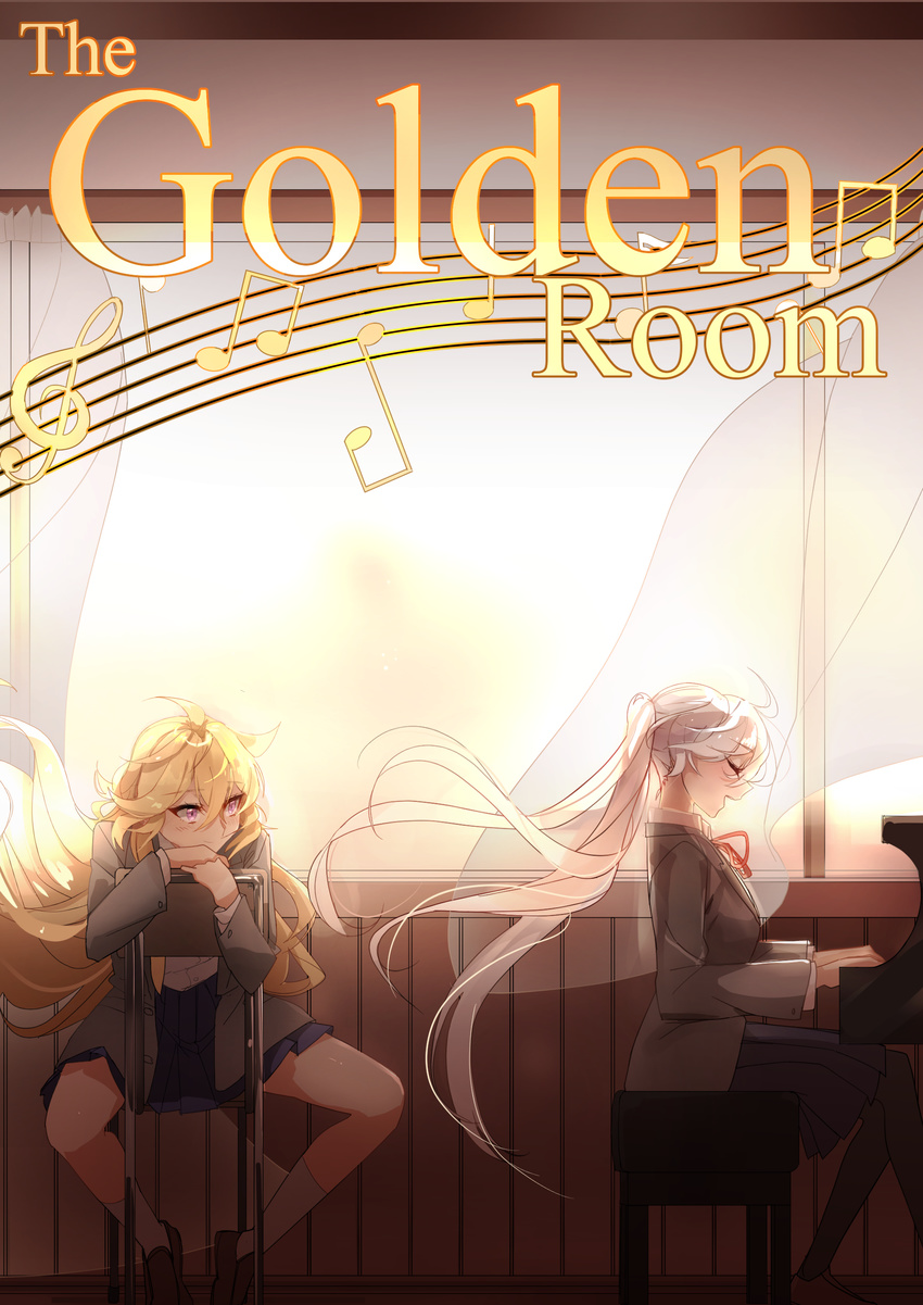 absurdres alternate_universe azure-zer0 beamed_eighth_notes blonde_hair classroom commentary curtains floating_hair hair_flowing_over highres instrument long_hair multiple_girls musical_note piano quarter_note rwby school_uniform sixteenth_note staff_(music) title treble_clef weiss_schnee white_hair wind yang_xiao_long
