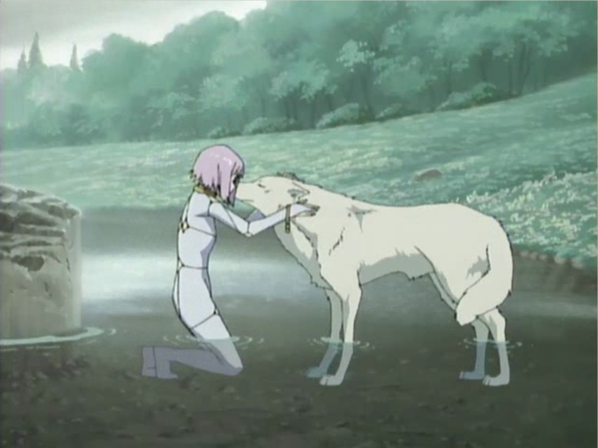 canine caress cheza colored detailed_background duo eyes_closed female feral forest fur hug kiba_(wolf's_rain) mammal nature outside pond screencap smile tree unknown_artist water white_fur wolf wolf's_rain wood