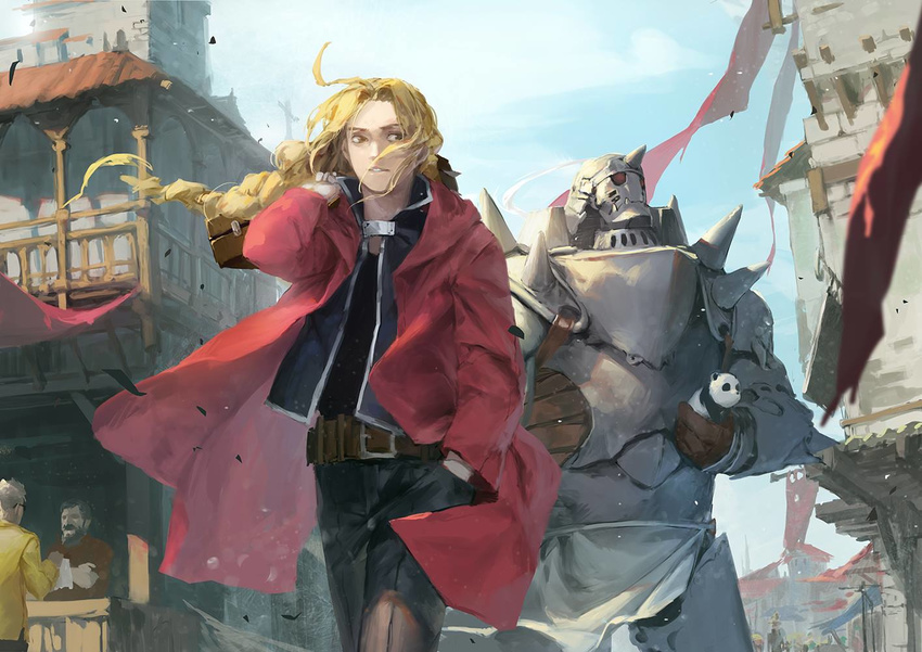 alphonse_elric armor banner baraba_baba beard belt blonde_hair blurry briefcase brothers building city day depth_of_field edward_elric facial_hair full_armor fullmetal_alchemist hand_in_pocket long_hair looking_to_the_side male_focus multiple_boys panda shop siblings sky storefront walking wind xiao-mei