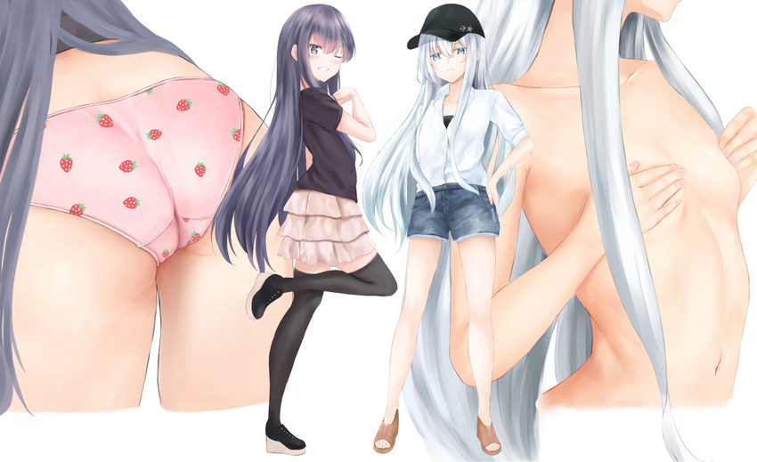 akatsuki_(kantai_collection) alternate_costume ass bangs black_hat black_legwear blue_eyes breasts casual collarbone commentary_request covering covering_breasts flat_ass food_print hammer_and_sickle hands_on_own_chest hat hibiki_(kantai_collection) high_heels irohakaede kantai_collection long_hair looking_at_viewer multiple_girls multiple_views navel nude one_eye_closed panties pink_panties print_panties purple_eyes purple_hair shorts silver_hair skirt small_breasts smile strawberry_panties strawberry_print thighhighs underwear wedge_heels zettai_ryouiki