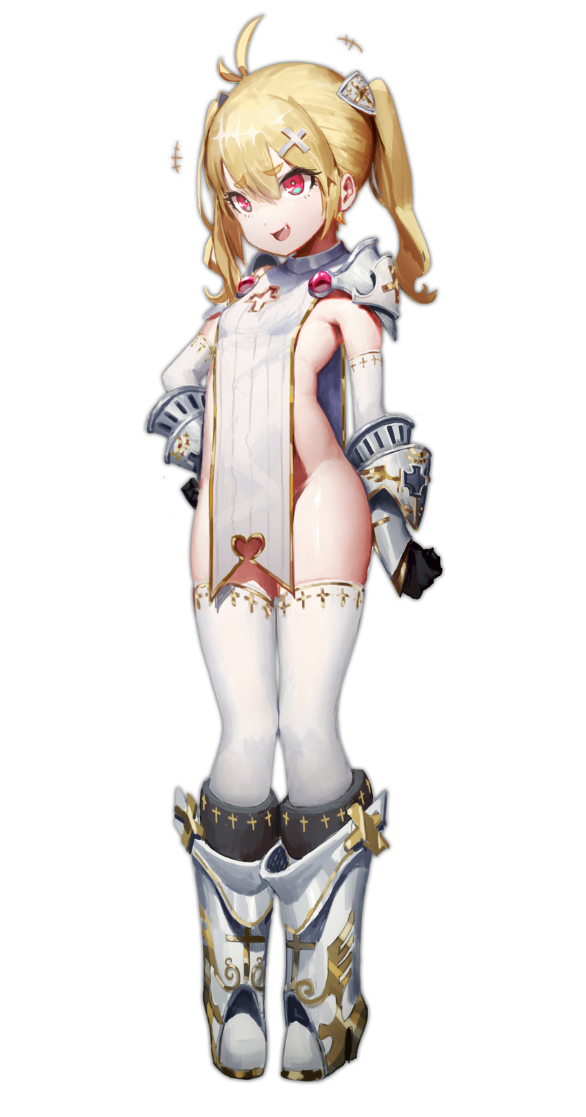 1girl ahoge armor armored_boots blonde_hair boots cross_cutout cross_hair_ornament eyebrows_visible_through_hair fang full_body gauntlets gloves gold_trim hair_between_eyes hair_ornament highres naked_tabard no_bra no_panties open_mouth original pixiv_fantasia pixiv_fantasia_revenge_of_the_darkness red_eyes shoulder_armor simple_background smile solo spaulders standing tabard thick_eyebrows thighhighs twintails waterkuma white_background white_footwear white_gloves white_legwear