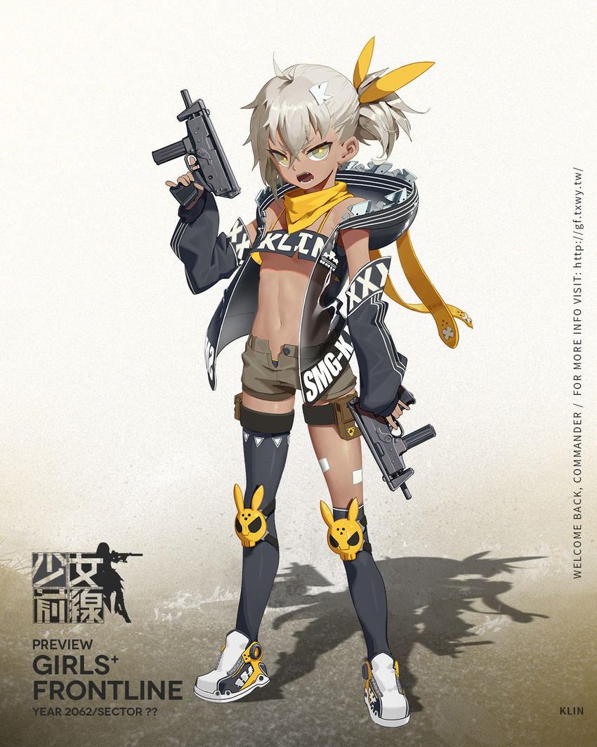 :o bandana black_legwear breasts bright_pupils crop_top dark_skin detached_sleeves full_body girls_frontline green_eyes grey_hair gun hair_between_eyes hair_ornament highres hood hoodie klin_(girls_frontline) knee_pads midriff navel official_art open_fly pp-91_kedr revealing_clothes shoes short_shorts short_sidetail shorts single_over-kneehigh single_thighhigh sleeveless_jacket sleeves_past_wrists small_breasts sneakers solo standing strapless submachine_gun thigh_strap thighhighs trigger_discipline tubetop underboob v-shaped_eyebrows waterkuma weapon white_pupils