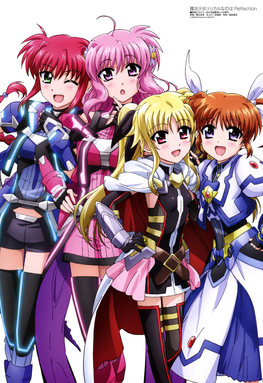 absurdres ahoge amitie_florian blonde_hair blush braid breasts brown_hair cape dress fate_testarossa fingerless_gloves gloves glowing green_eyes hair_ribbon hairband hashidate_kana highres kyrie_florian long_hair looking_at_viewer lyrical_nanoha magical_girl mahou_shoujo_lyrical_nanoha mahou_shoujo_lyrical_nanoha_the_movie_3rd:_reflection medium_breasts megami multiple_girls official_art one_eye_closed open_mouth pink_eyes pink_hair puffy_sleeves purple_eyes red_eyes red_hair ribbon shiny shiny_hair single_braid skirt small_breasts smile takamachi_nanoha twintails very_long_hair