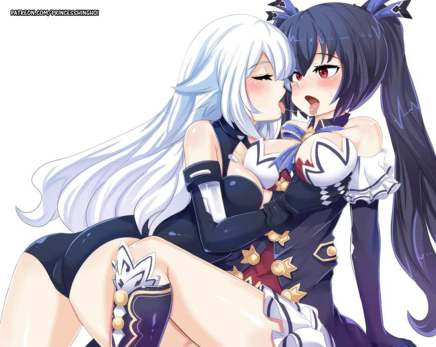 2girls ass bare_shoulders black_heart blue_hair blush boots breast_grab breasts cameltoe choujigen_game_neptune compile_heart dress dual_persona elbow_gloves eyes_closed french_kiss gloves hair_ribbon hinghoi idea_factory kissing long_hair multiple_girls neptune_(series) noire open_mouth red_eyes shiny shiny_clothes shiny_hair shiny_skin sideboob skirt tongue tongue_out twintails very_long_hair white_hair yuri