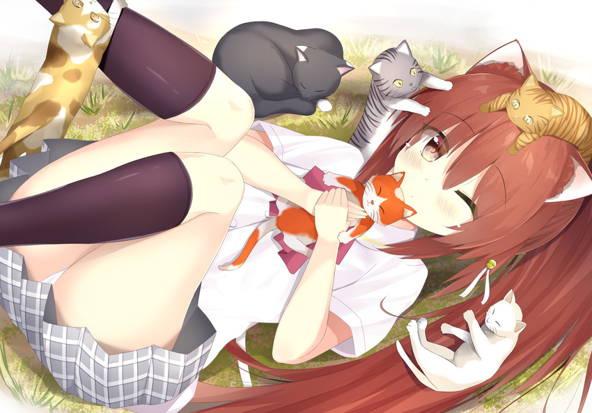 7_calpis_7 animal_ears black_legwear bow brown_hair cat cat_ears grass grey_skirt little_busters! long_hair lying natsume_rin one_eye_closed panties pantyshot pink_bow plaid plaid_skirt ponytail red_eyes school_uniform skirt socks too_many too_many_cats underwear white_panties