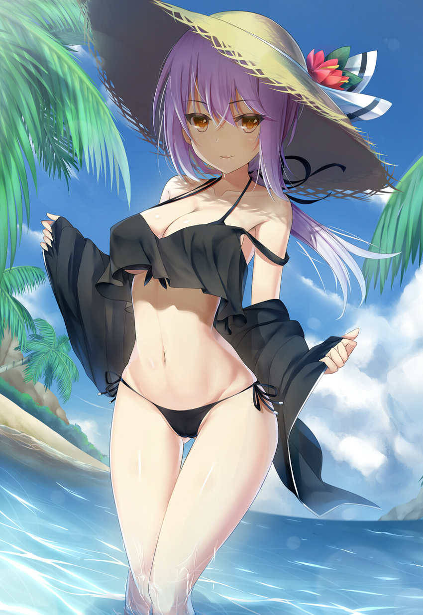 artoria_pendragon_(all) bikini black_bikini black_jacket cafeore cloud fate/grand_order fate/stay_night fate_(series) fisheye hat highres jacket long_hair looking_at_viewer open_clothes open_jacket outdoors palm_tree purple_hair saber_alter side-tie_bikini solo sun_hat swimsuit tree wading water yellow_eyes