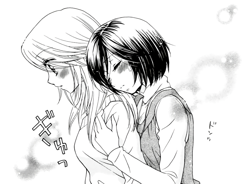 2girls blush couple eyes_closed girl_friends girl_friends_(manga) hug hug_from_behind kumakura_mariko monochrome morinaga_milk official_art oohashi_akiko surprised wide_eyes yuri