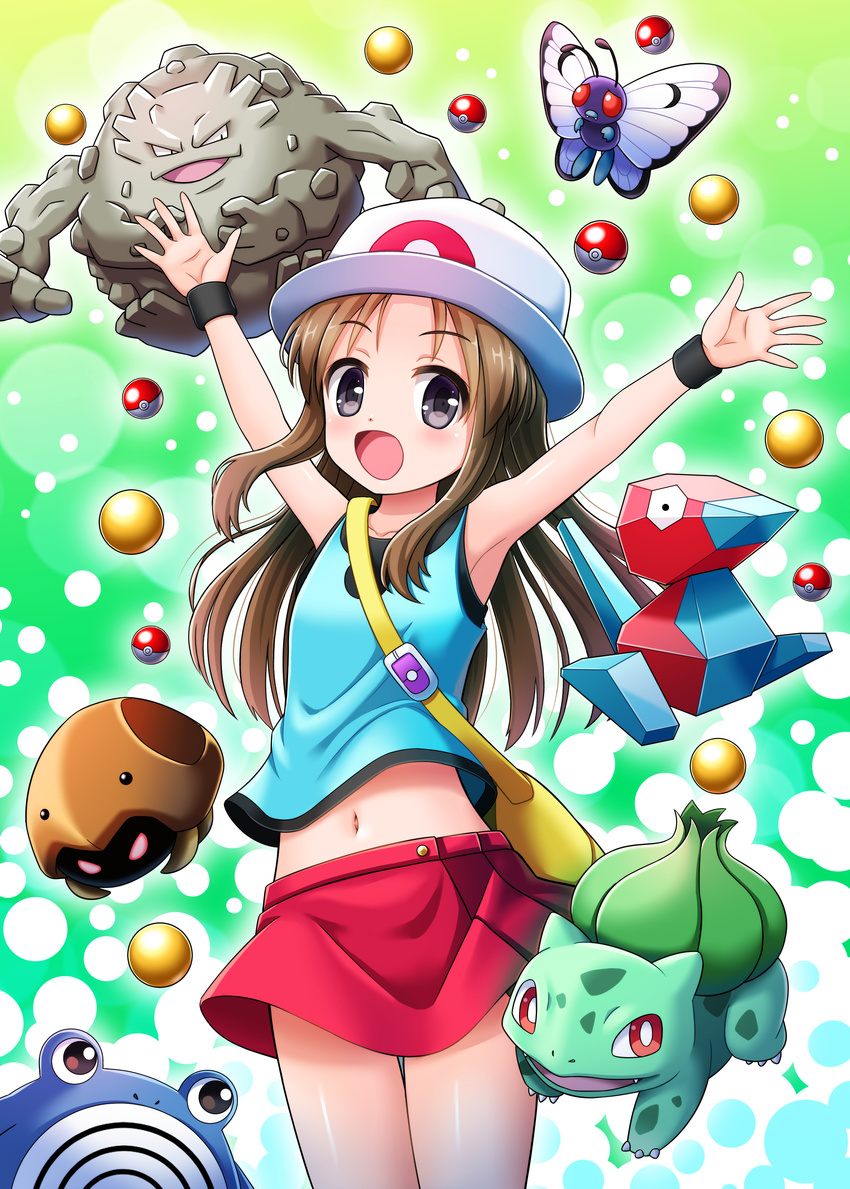1girl absurdres antennae armpits arms_up bag black_eyes blue_(pokemon) blue_shirt bluebird_(bluebird90) blush brown_hair bulbasaur butterfly butterfree claws collarbone extra_arms eyebrows_visible_through_hair fangs flat_chest gold gradient gradient_background graveler green_background grey_eyes happy hat jumping kabuto loli long_hair looking_at_viewer looking_to_the_side looking_up miniskirt navel open_mouth outstretched_arms pokeball pokemon pokemon_(creature) pokemon_(game) pokemon_rgby poliwhirl porygon red_eyes red_skirt shiny_skin shirt simple_background skirt sleeveless sleeveless_shirt smile teeth thigh_gap white_hat wings wristband