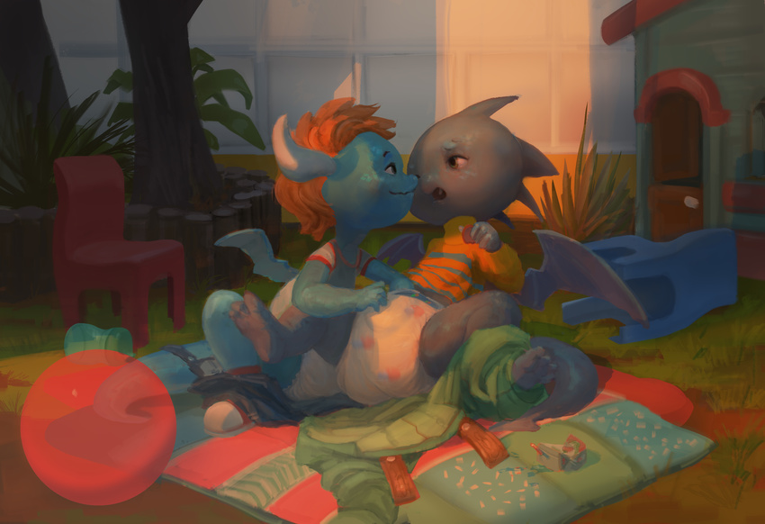 anthro ball bedding blanket bottle clothing cub diaper dragon duo exalius grass hair lying male orange_hair tree wings young