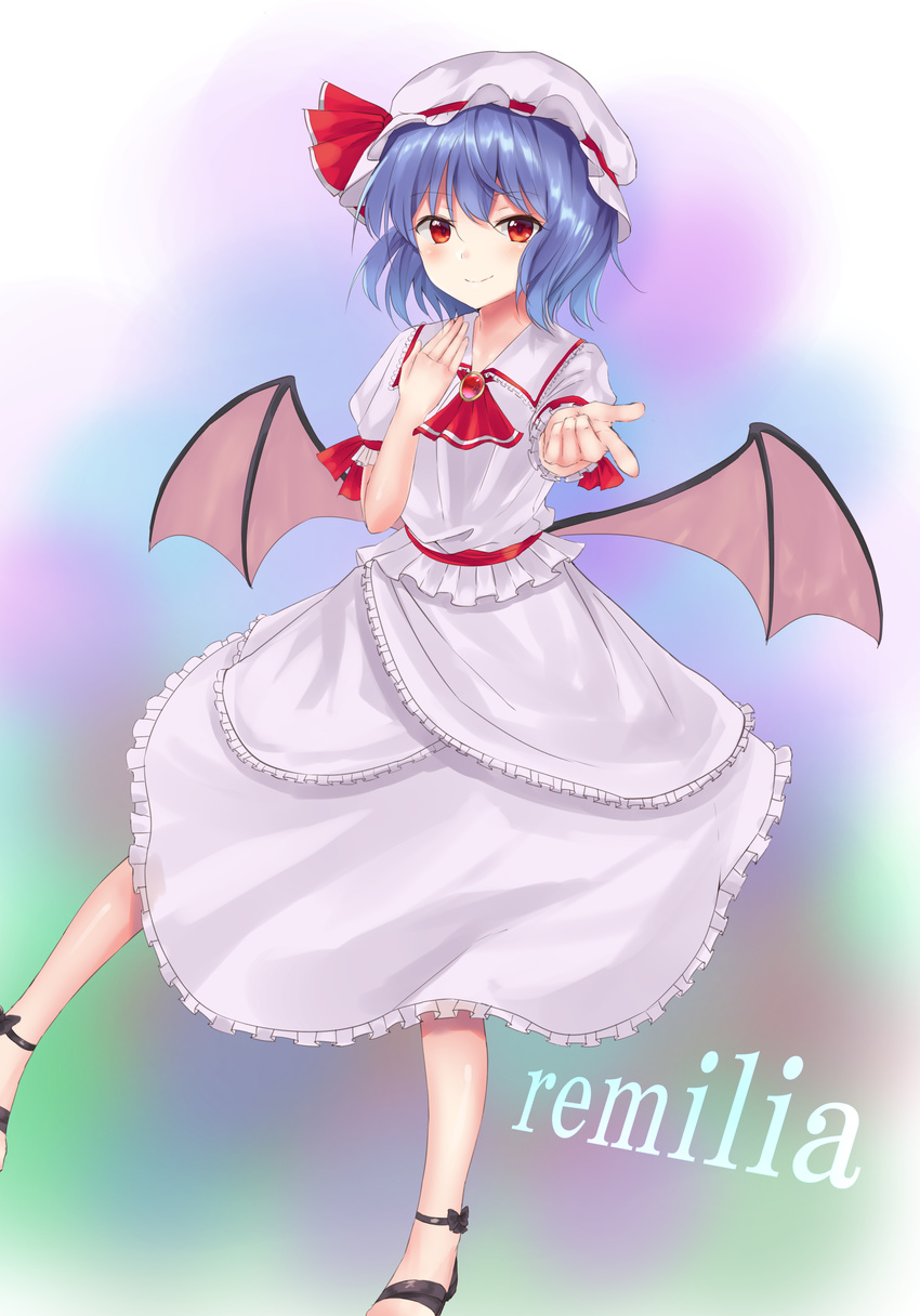 absurdres blush character_name closed_mouth eyebrows_visible_through_hair hat highres lavender_hair looking_at_viewer mob_cap phano_(125042) pink_wings red_eyes remilia_scarlet short_hair short_sleeves smile solo touhou wings