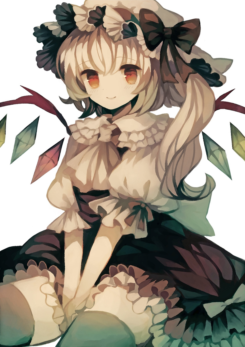 ascot bangs blonde_hair blush bow commentary_request crystal flandre_scarlet frilled_shirt_collar frills hat hat_bow highres looking_at_viewer marker_(medium) mob_cap orange_eyes puffy_short_sleeves puffy_sleeves red_bow red_skirt red_vest short_sleeves side_ponytail sitting skirt smile solo thighhighs touhou traditional_media v_arms vest wings wiriam07