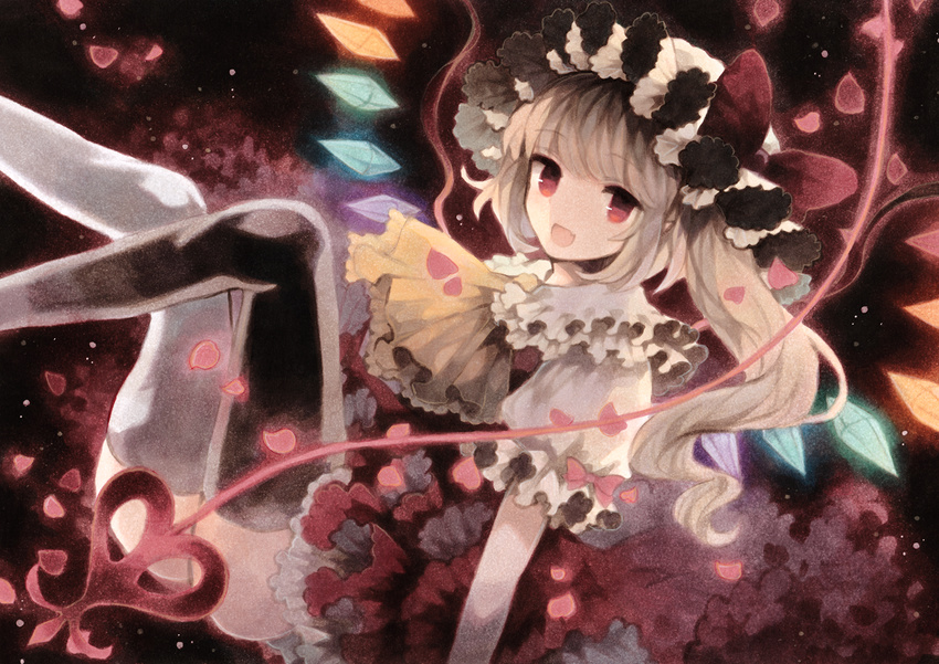 :d ascot bangs blonde_hair bow colored_pencil_(medium) commentary_request crystal flandre_scarlet frilled_shirt_collar frills from_side hat highres laevatein looking_at_viewer looking_to_the_side marker_(medium) mob_cap open_mouth petals puffy_short_sleeves puffy_sleeves red_bow red_eyes red_skirt red_vest rose_petals shirt short_sleeves side_ponytail skirt skirt_set smile solo touhou traditional_media vest white_shirt wings wiriam07