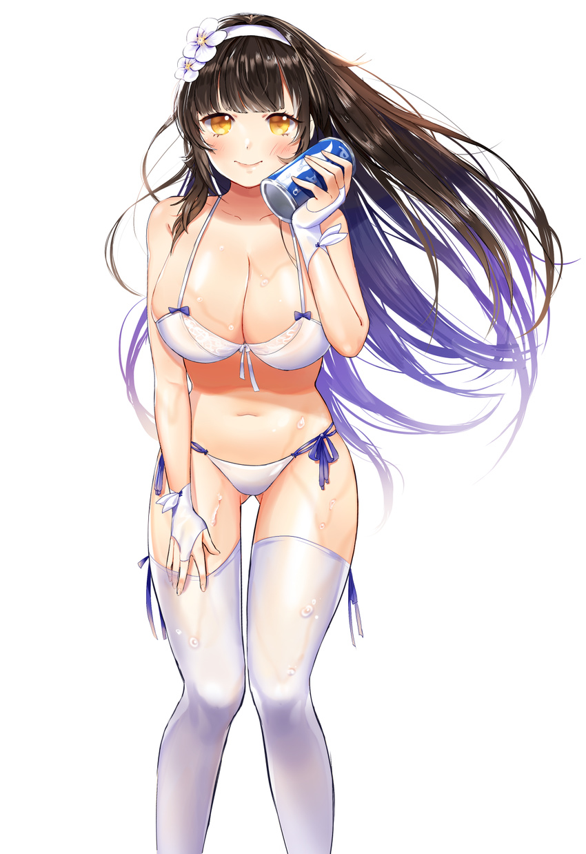bikini black_hair blush breasts can cleavage closed_mouth collarbone flower girls_frontline hair_flower hair_ornament hairband highres holding holding_can large_breasts leaning_forward long_hair looking_at_viewer pocari_sweat qbz-95_(girls_frontline) shorarung side-tie_bikini smile soda_can solo standing swimsuit thighhighs wet white_bikini white_hairband white_legwear yellow_eyes