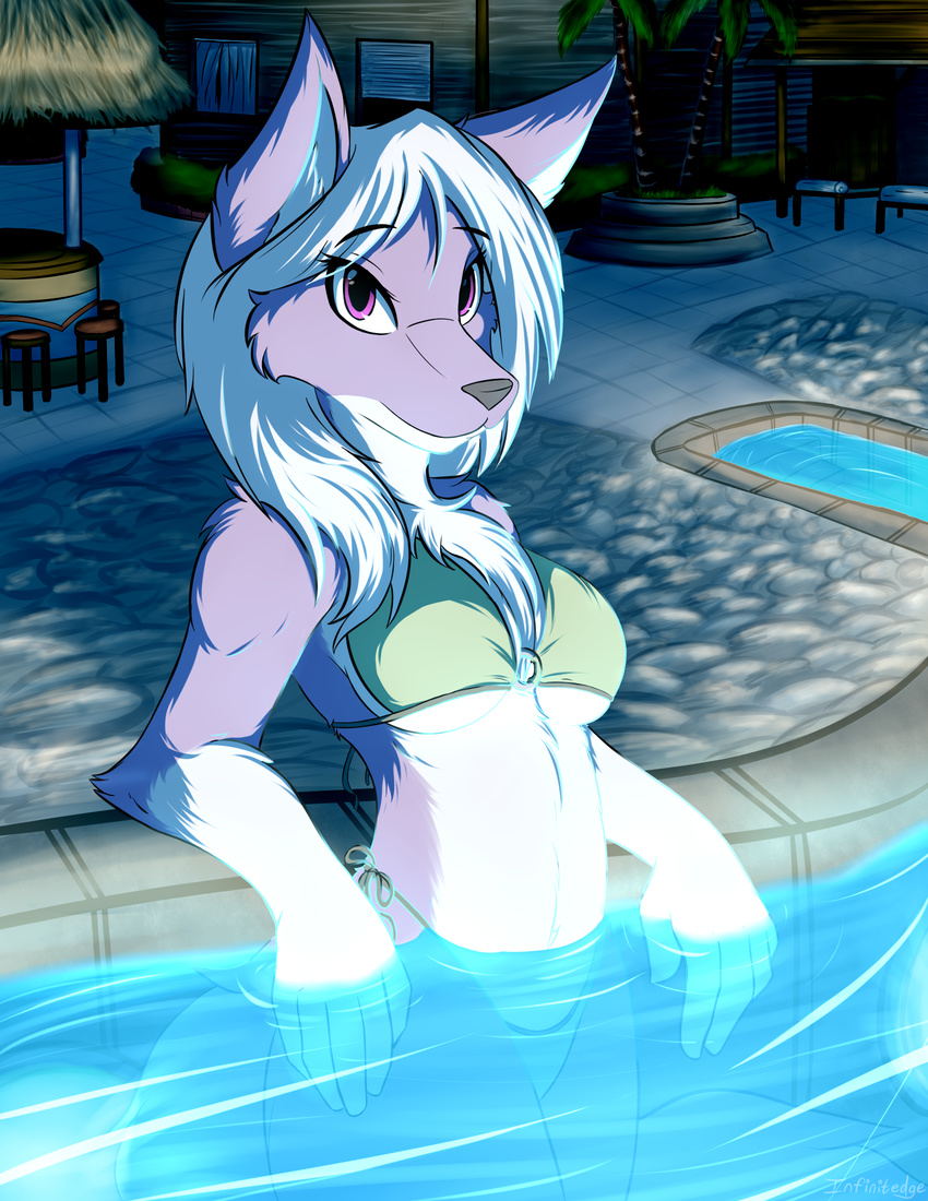 2016 5_fingers anthro big_breasts bikini biped breasts canine chair chest_tuft clothing detailed_background eyebrows eyelashes female grass hair hi_res humanoid_hands infinitedge2u inner_ear_fluff long_hair looking_at_viewer mammal night outside portrait purple_eyes snout solo standing swimming_pool swimsuit three-quarter_portrait tree tuft water white_hair window wolf