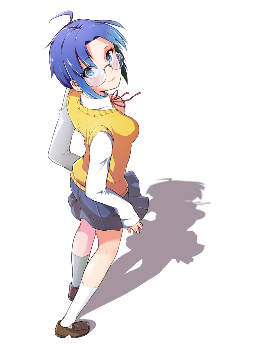 absurdres ahoge blue_eyes blue_hair breasts ciel highres ishii_takuma kneehighs loafers looking_at_viewer medium_breasts school_uniform shadow shoes short_hair skirt smile solo tsukihime type-moon vest white_background yellow_vest