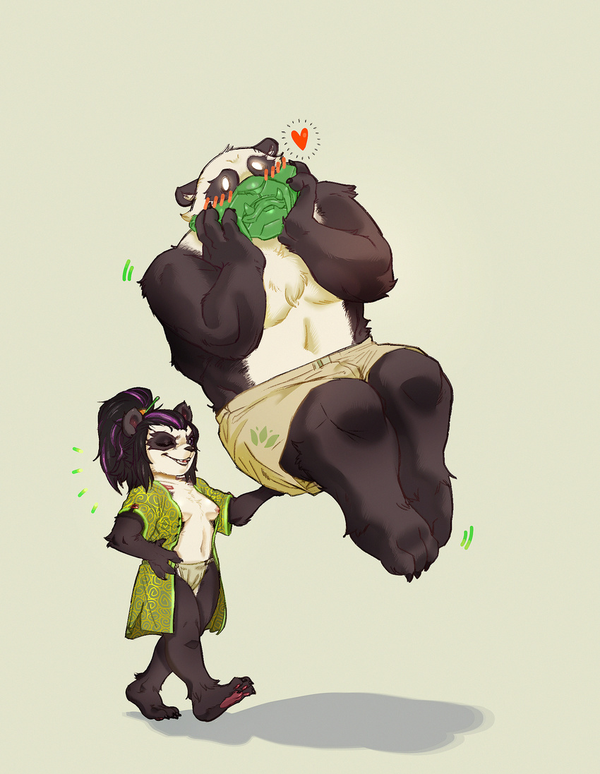 &lt;3 anthro aya_blackpaw barefoot bear black_fur black_hair blush breasts bulge carrying clothing duo exposed_breasts female fur hair hearthstone junyois larger_male male mammal mask multicolored_hair nipples one_eye_closed panda pandaren purple_hair size_difference smaller_female smile two_tone_hair underwear video_games warcraft white-eyes_(hearthstone) white_eyes white_fur