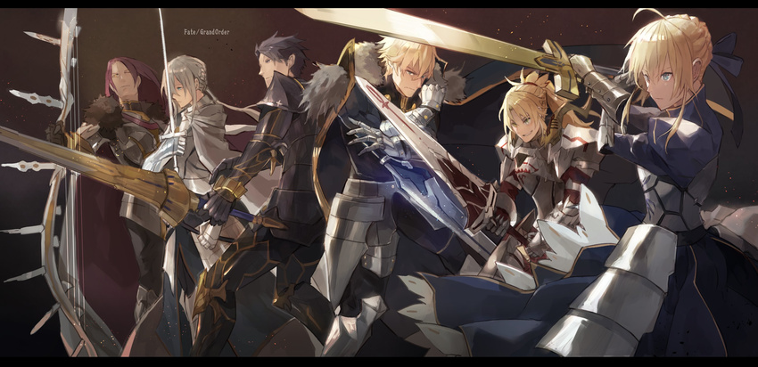 4boys armor artoria_pendragon_(all) bedivere black_hair blonde_hair bow_(weapon) braid cape dress fate/apocrypha fate/extra fate/grand_order fate/stay_night fate_(series) fur_trim gauntlets gawain_(fate/extra) greaves green_eyes harp highres instrument knights_of_the_round_table_(fate) lancelot_(fate/grand_order) long_hair mono_(jdaj) mordred_(fate) mordred_(fate)_(all) multiple_boys multiple_girls one_eye_closed ponytail purple_eyes saber silver_hair smile sword tristan_(fate/grand_order) weapon yellow_eyes