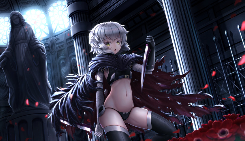 :o anemone_(flower) arm_belt ass_visible_through_thighs bandaged_arm bandages bangs belt belt_buckle black_belt black_cloak black_gloves black_legwear black_panties black_shirt blurry buckle colored_eyelashes commentary_request dagger depth_of_field dual_wielding eyebrows_visible_through_hair facial_scar fate/grand_order fate_(series) flower gloves green_eyes hand_up highres holding holding_knife holding_weapon indoors jack_the_ripper_(fate/apocrypha) knife leg_up light_particles looking_at_viewer maitake_(maitake1234) multicolored_cloak navel panties petals pillar red_cloak red_flower reverse_grip scar scar_across_eye scar_on_cheek shirt short_hair silver_hair single_glove skindentation sleeveless sleeveless_shirt solo standing statue stomach sunlight thighhighs torn_cloak torn_clothes turtleneck underwear weapon wind window