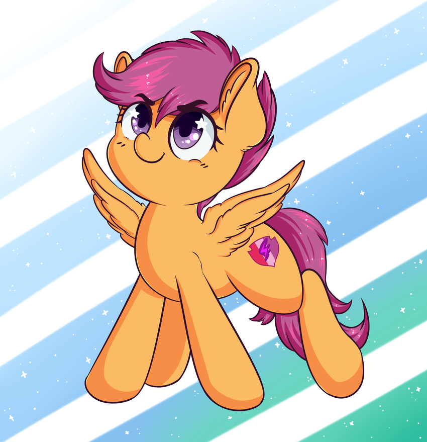 2016 absurd_res cutie_mark equine eyebrows eyelashes feathered_wings feathers female feral friendship_is_magic hair hi_res inner_ear_fluff mammal my_little_pony orange_feathers pegasus purple_eyes purple_hair scootaloo_(mlp) smile solo spread_wings wickedsilly wings