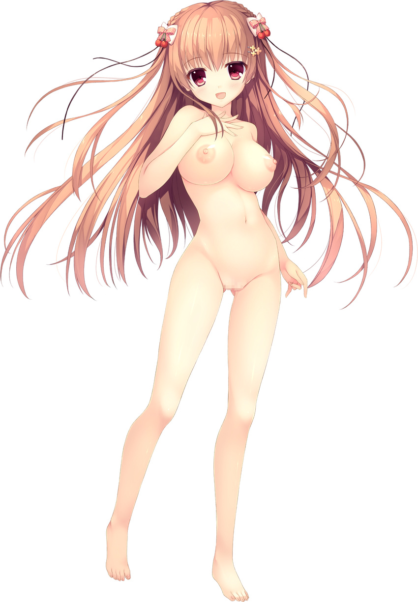 barefoot bow braid breasts brown_hair censored cherry_hair_ornament food_themed_hair_ornament french_braid full_body hair_bow hair_ornament hairclip hand_on_own_chest haruoto_alice_gram highres large_breasts long_hair looking_at_viewer mosaic_censoring nanao_naru navel nipples non-web_source nude official_art open_mouth pussy red_eyes shirahane_yuuri solo transparent_background