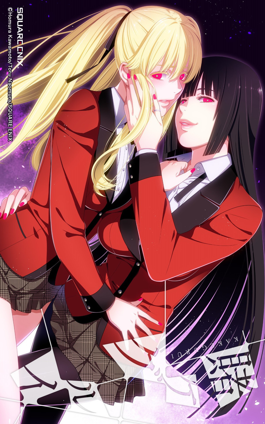 2girls black_hair black_legwear black_pantyhose black_ribbon blonde_hair breasts couple female hair_ribbon hand_on_another's_cheek hand_on_another's_face highres hime_cut hug incipient_kiss jabami_yumeko jewelry kakegurui large_breasts lips long_hair long_sleeves looking_at_viewer medium_breasts multiple_girls mutual_yuri nail_polish neck official_art pantyhose parted_lips red_clothes red_eyes red_nails red_school_uniform ribbon ring saotome_maari saotome_mary saotome_meari school_uniform sidelocks smile square_enix twintails unbuttoned yuri