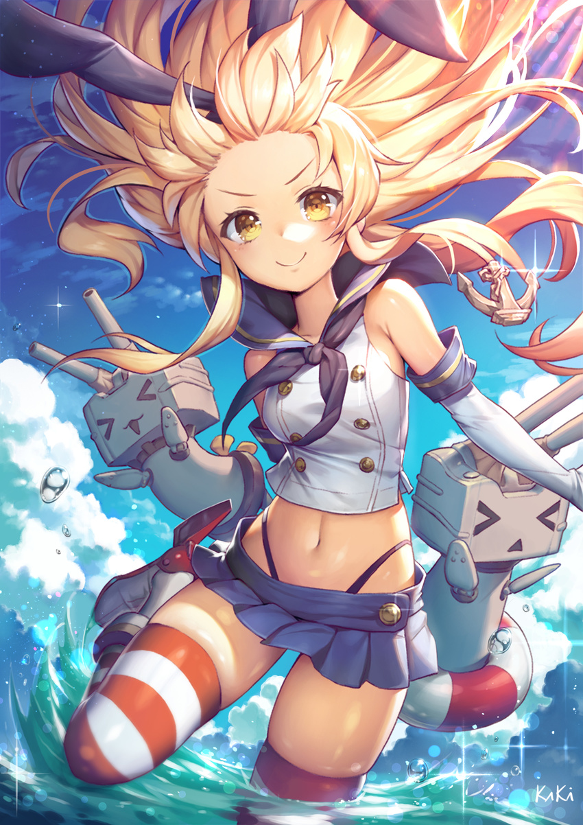 &gt;_&lt; :3 absurdres anchor_hair_ornament artist_name black_panties blonde_hair blue_skirt blue_sky breasts buttons closed_mouth cloud cloudy_sky crop_top day elbow_gloves floating_hair forehead glint gloves hair_ornament hair_ribbon highleg highleg_panties highres kakiman kantai_collection lifebuoy long_hair looking_at_viewer microskirt midriff navel outdoors panties rensouhou-chan ribbon sailor_collar shimakaze_(kantai_collection) signature skindentation skirt sky small_breasts smile solo sparkle striped striped_legwear thighhighs underwear very_long_hair wading water white_gloves x3 yellow_eyes