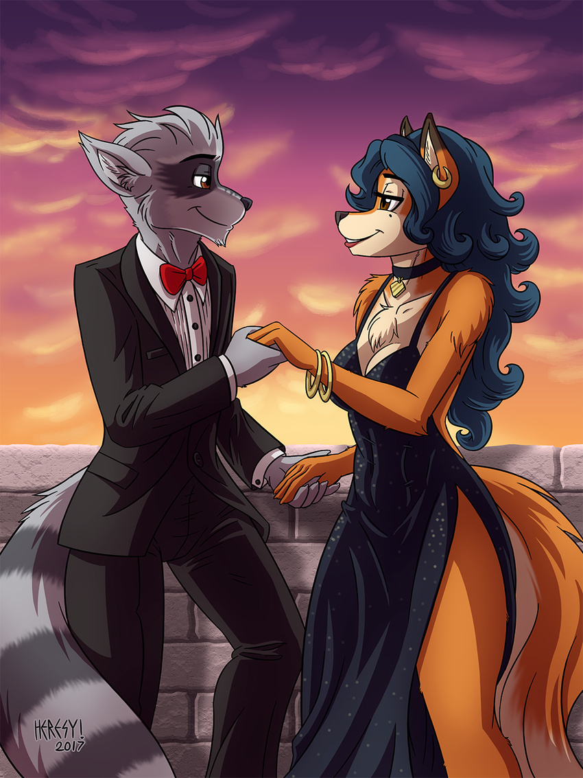 2017 anthro beauty_mark bow_tie bracelet breasts brown_eyes canine carmelita_fox chest_tuft cleavage clothed clothing collar dress duo ear_piercing female fluffy fluffy_tail fox fur gown grey_fur half-closed_eyes hand_holding heresy_(artist) inner_ear_fluff jewelry male male/female mammal multicolored_fur orange_fur outside piercing playstation raccoon romantic_couple sly_cooper sly_cooper_(series) smile suit sunset tuft tuxedo two_tone_fur video_games