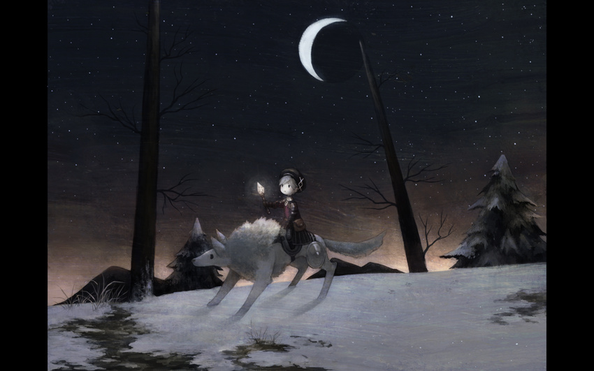 animal bare_tree belt_pouch beret character_request commentary_request crescent_moon crystal dragon_nest expressionless fir_tree grass grey_hair gu_(goodnight) hat holding male_focus moon night outdoors pillarboxed pouch riding shield sky snow solo star_(sky) starry_sky tree winter wolf