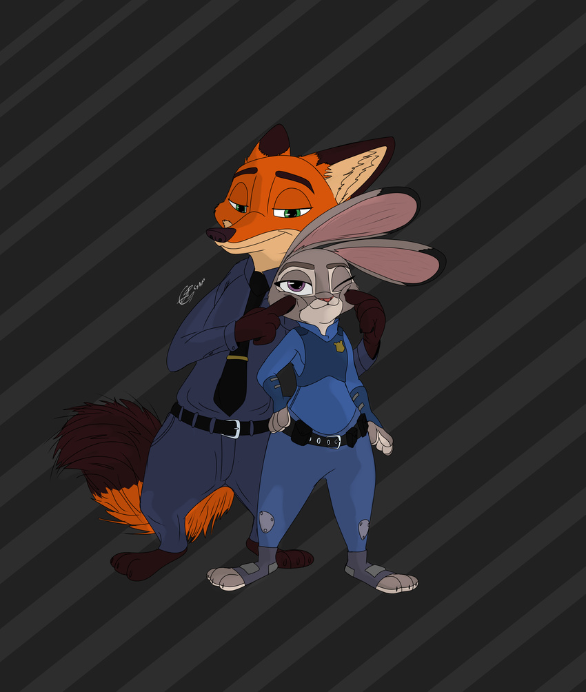 anthro canine clothed clothing disney female fox hi_res i_ship_it_real_hard judy_hopps lagomorph mammal nick_wilde police_uniform pose rabbit smile solid_color standing strips uniform zootopia