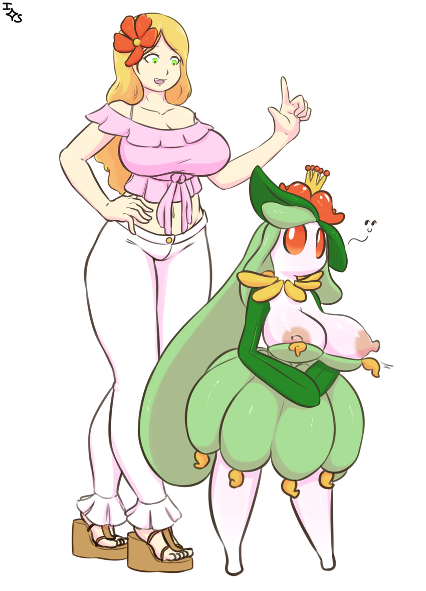 anthro big_breasts blonde_hair breasts cleavage clothed clothing duo female flora_fauna flower flower_in_hair footwear green_eyes hair hand_on_hip human immortalstar lilligant mammal mouthless nintendo nipples open_mouth open_smile orange_sclera plant pok&eacute;mon pok&eacute;morph sandals short_stack simple_background size_difference smile video_games white_background white_eyes wide_hips