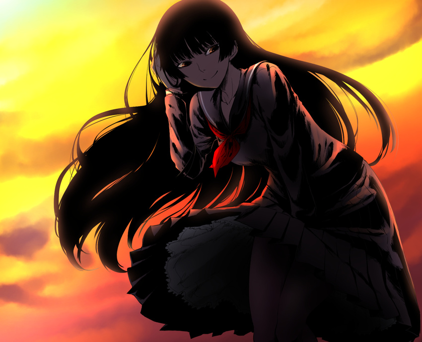 black_hair black_serafuku breasts commentary_request hime_cut kanoe_yuuko long_hair medium_breasts pantyhose red_eyes school_uniform serafuku skirt smile solo sunset tasogare_otome_x_amnesia woori_(jtfy3485)