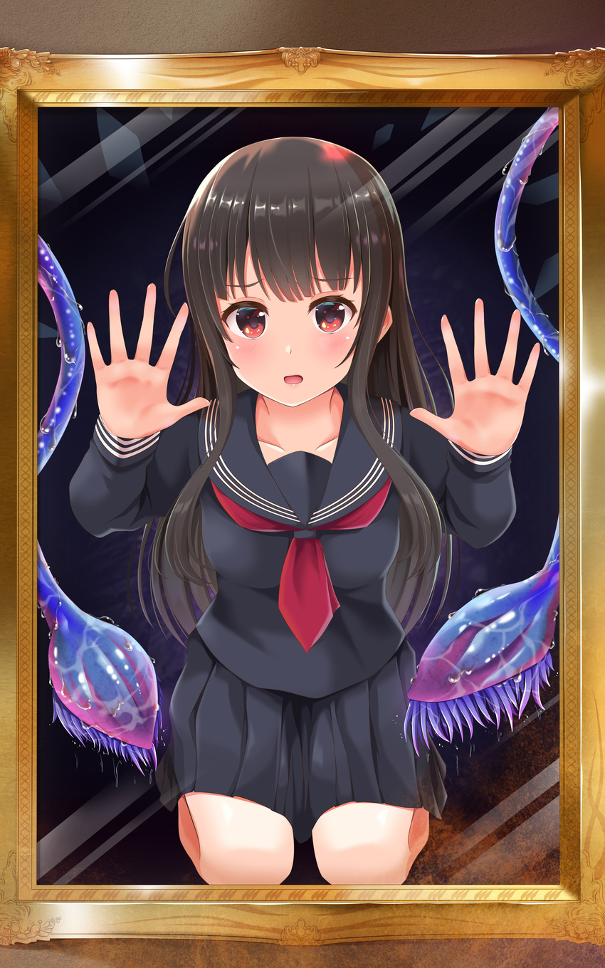 absurdres against_glass aibumi black_hair blush highres kneeling long_hair looking_at_viewer original picture_frame red_eyes school_uniform serafuku solo tentacles trapped