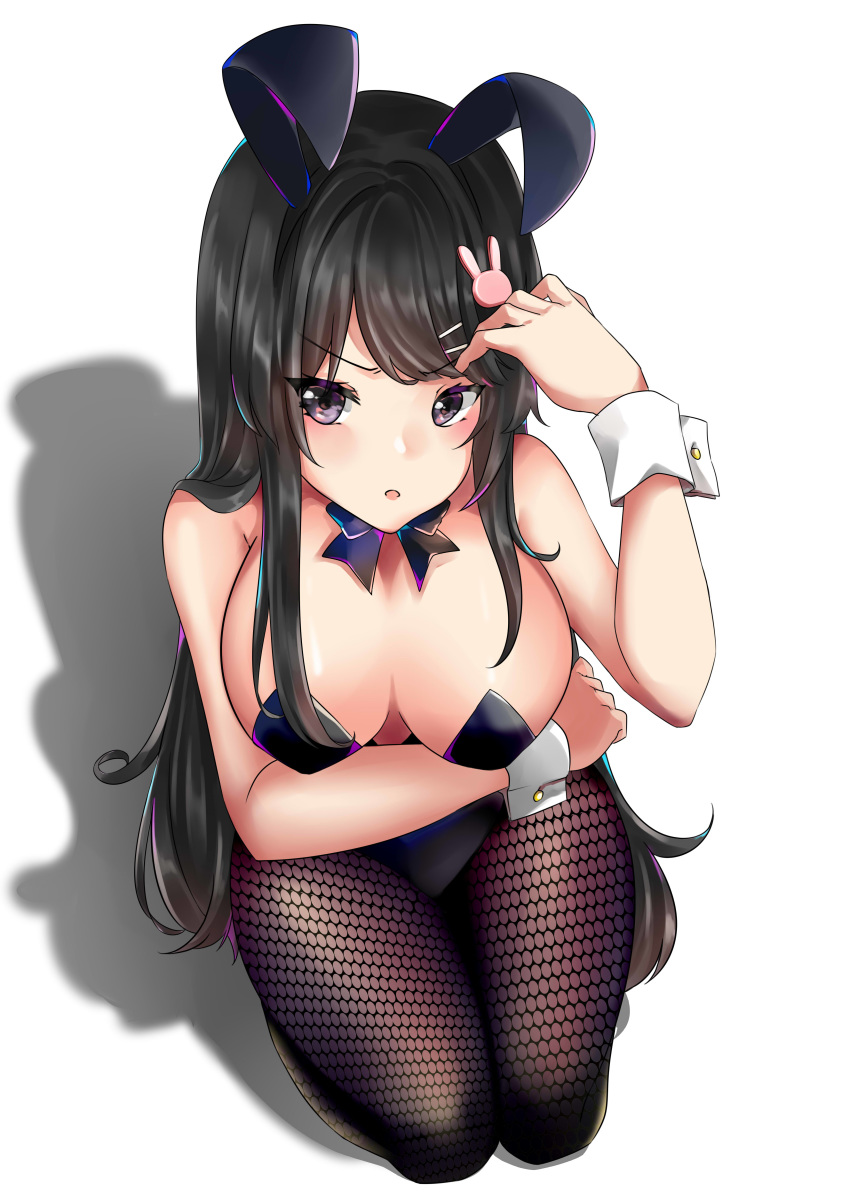 1girl :p absurdres animal_ears arm_up beijixiong black_eyes black_hairband black_legwear black_leotard black_neckwear breasts bunny_ears bunny_hair_ornament bunnysuit cleavage eyebrows_visible_through_hair fake_animal_ears fishnet_pantyhose fishnets from_above full_body hair_ornament hairband hairclip highres kneeling large_breasts leotard looking_at_viewer office_lady open_mouth pantyhose sakurajima_mai seishun_buta_yarou shadow simple_background strapless strapless_leotard tongue tongue_out white_background wrist_cuffs