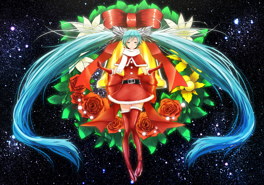 absurdly_long_hair aqua_eyes aqua_hair bell belt belt_buckle black_belt boots buckle capelet christmas christmas_wreath commentary dress earrings edelweiss_(flower) floating_hair flower full_body fur-trimmed_boots fur-trimmed_gloves fur_trim gloves hatsune_miku jewelry long_hair looking_at_viewer pinecone pom_pom_(clothes) red_dress red_flower red_footwear red_gloves red_legwear red_ribbon red_rose red_skirt ribbon rose santa_costume scarf skirt smile solo space star_(sky) sugi_214 thigh_boots thighhighs twintails very_long_hair vocaloid white_scarf zettai_ryouiki