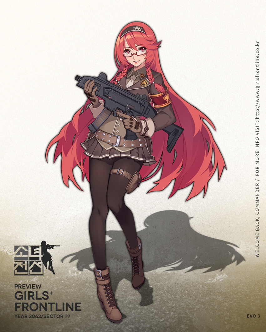 ankle_boots bangs black_legwear boots braid brown_eyes brown_footwear brown_gloves brown_skirt character_name copyright_name cross-laced_footwear cz_scorpion_evo_3 evo_3_(girls_frontline) eyebrows_visible_through_hair full_body girls_frontline glasses gloves gun hairband highres holding holding_gun holding_weapon holster kugi_ta_hori_taira lace-up_boots long_hair long_sleeves looking_at_viewer military military_uniform miniskirt official_art pantyhose parted_lips pleated_skirt red_hair semi-rimless_eyewear shadow skirt smile solo submachine_gun thigh_holster thigh_strap trigger_discipline under-rim_eyewear uniform very_long_hair watermark weapon web_address