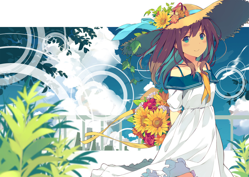 :&gt; arms_behind_back blue_bow blue_eyes blue_ribbon blurry blush bouquet bow brown_hair circle closed_mouth cloud cowboy_shot depth_of_field dress eyebrows_visible_through_hair flower hat hat_ribbon highres holding holding_bouquet looking_at_viewer medium_hair off-shoulder_dress off_shoulder orange_flower orange_rose original outside_border red_flower red_rose ribbon rose sidelocks sky smile solo straw_hat summer sunflower sutorora white_dress