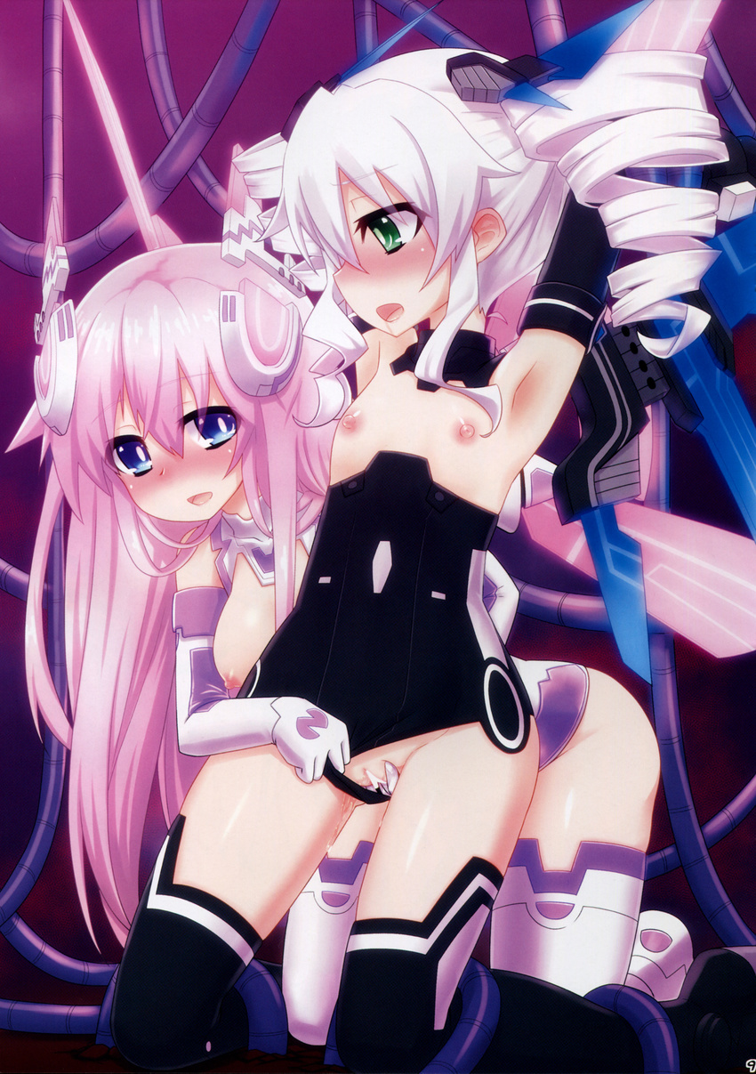 absurdres armpits bdsm black_sister blue_eyes blush bondage bound breasts drill_hair elbow_gloves fingering flat_chest gloves green_eyes hair_ornament highres long_hair medium_breasts mizunashi_(second_run) multiple_girls neptune_(series) nipples open_mouth purple_hair purple_sister restrained symbol-shaped_pupils tentacles twin_drills white_hair yuri