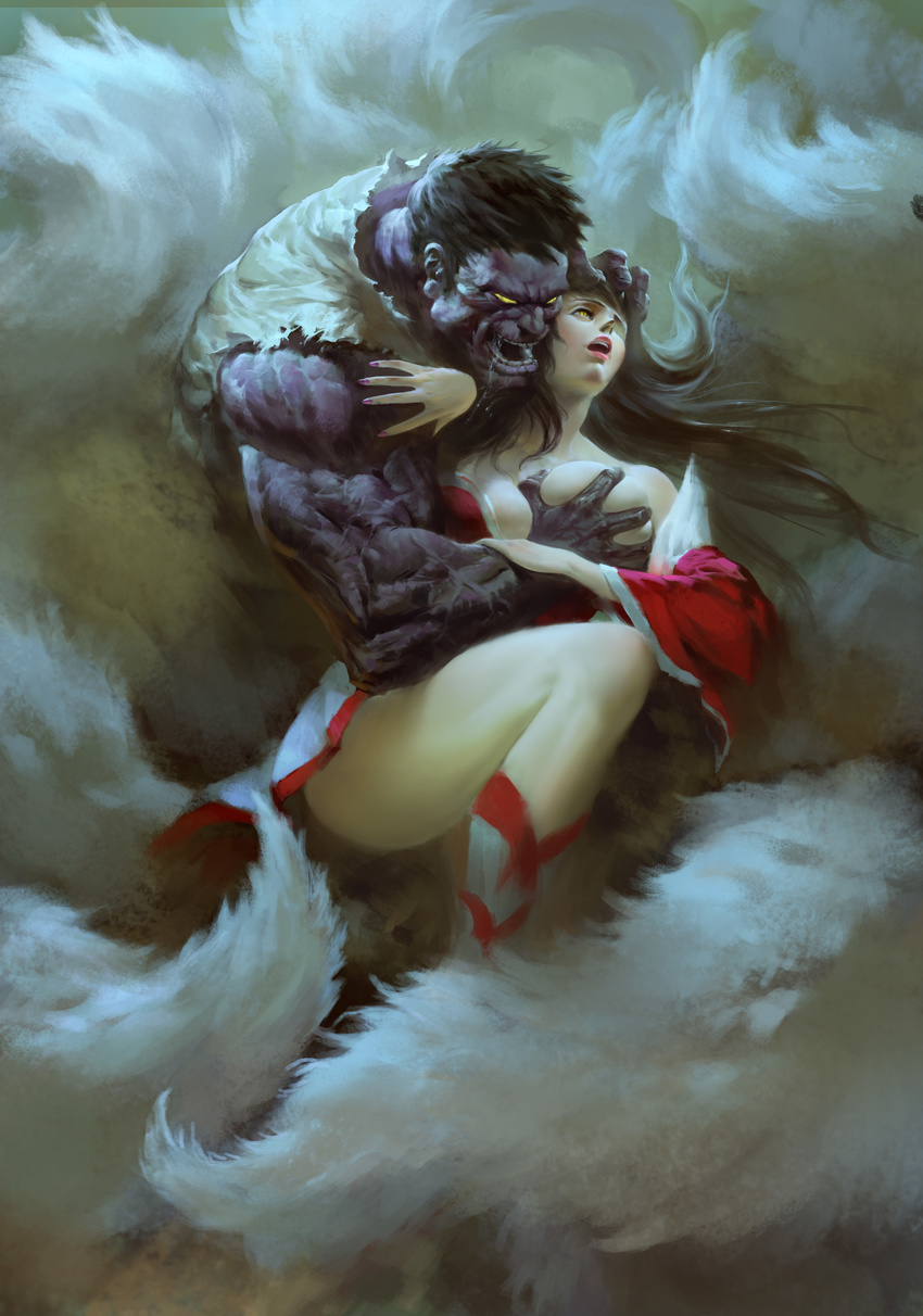 1girl absurdres ahri ass bare_shoulders black_hair boots breast_grab breasts cleavage detached_sleeves fingernails forced fox_tail grabbing groping highres korean_clothes large_breasts league_of_legends long_hair multiple_tails mundo_(league_of_legends) muscle no_bra open_mouth pu_zhou purple_skin saliva short_hair tail torn_clothes torn_jacket yellow_eyes