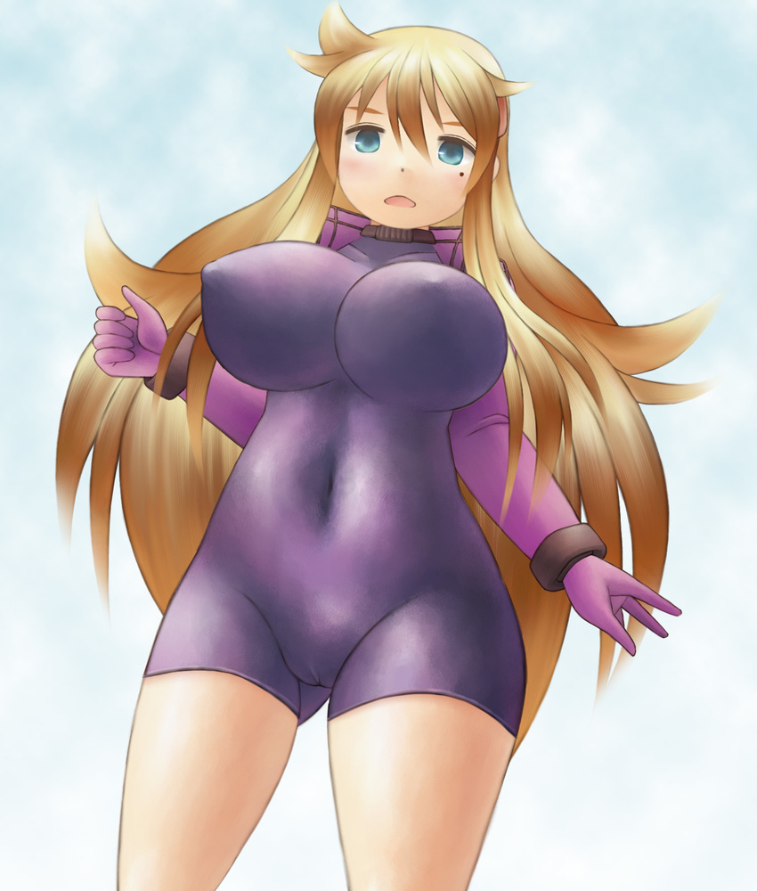 10s 1girl blonde_hair blue_eyes breasts cameltoe covered_navel erect_nipples female furinji_miu large_breasts long_hair looking_at_viewer mole mole_under_eye open_clothes open_jacket shijou_saikyou_no_deshi_ken'ichi simple_background skin_tight solo standing